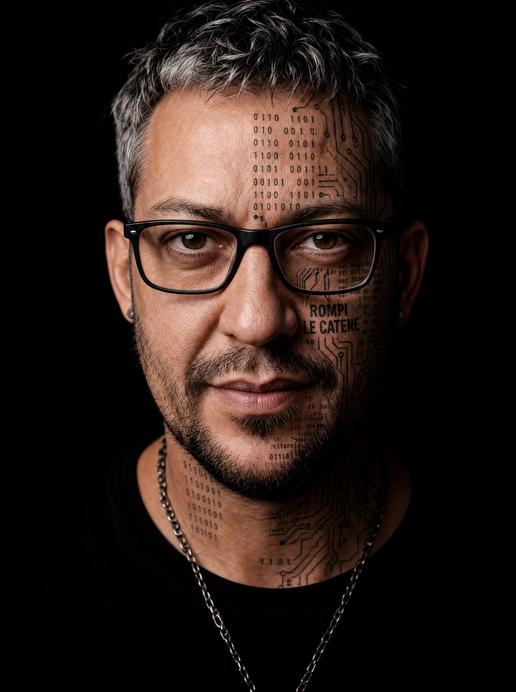 Ritratto creativo di Antonio Maniscalco con occhiali e dettagli digitali